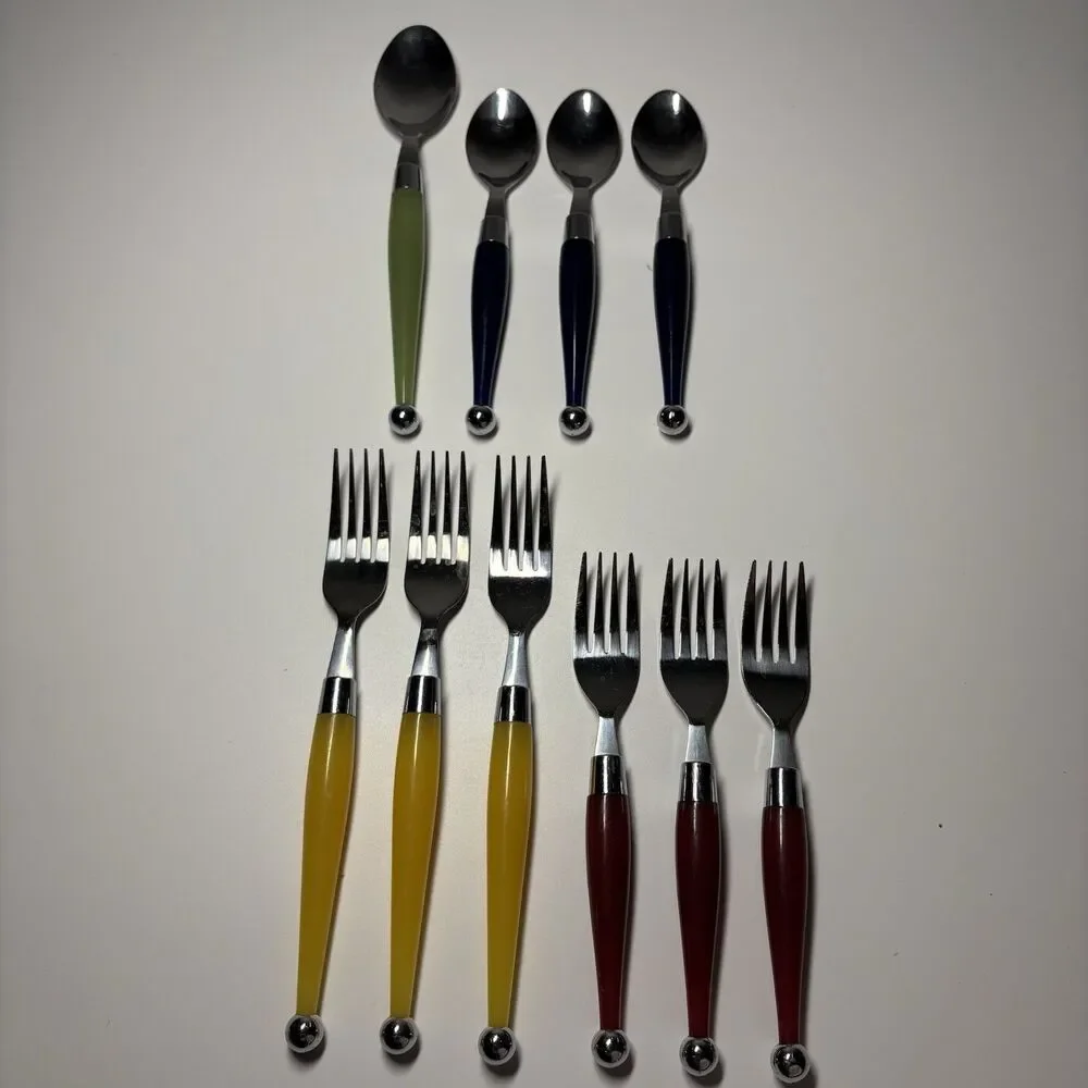 Vintage Retro Cambridge Stainless Flatware, Multi Color Lucite Handles 10-piece